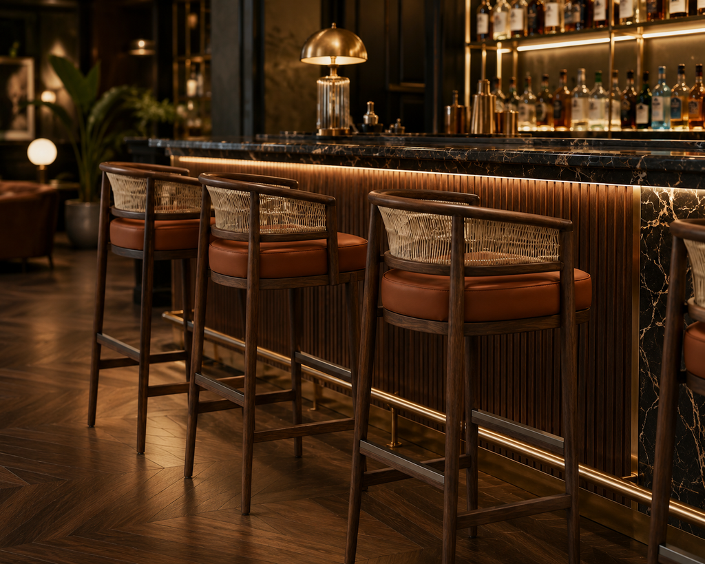 Le Tabouret de Bar "Oasis" en Noyer et Corde Tressée