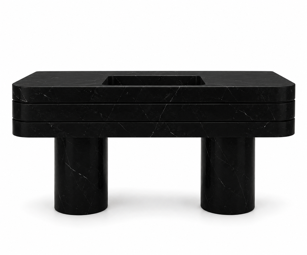 Le Meuble Vasque Monolithe "Strate Noire" en Marbre Noir Marquina