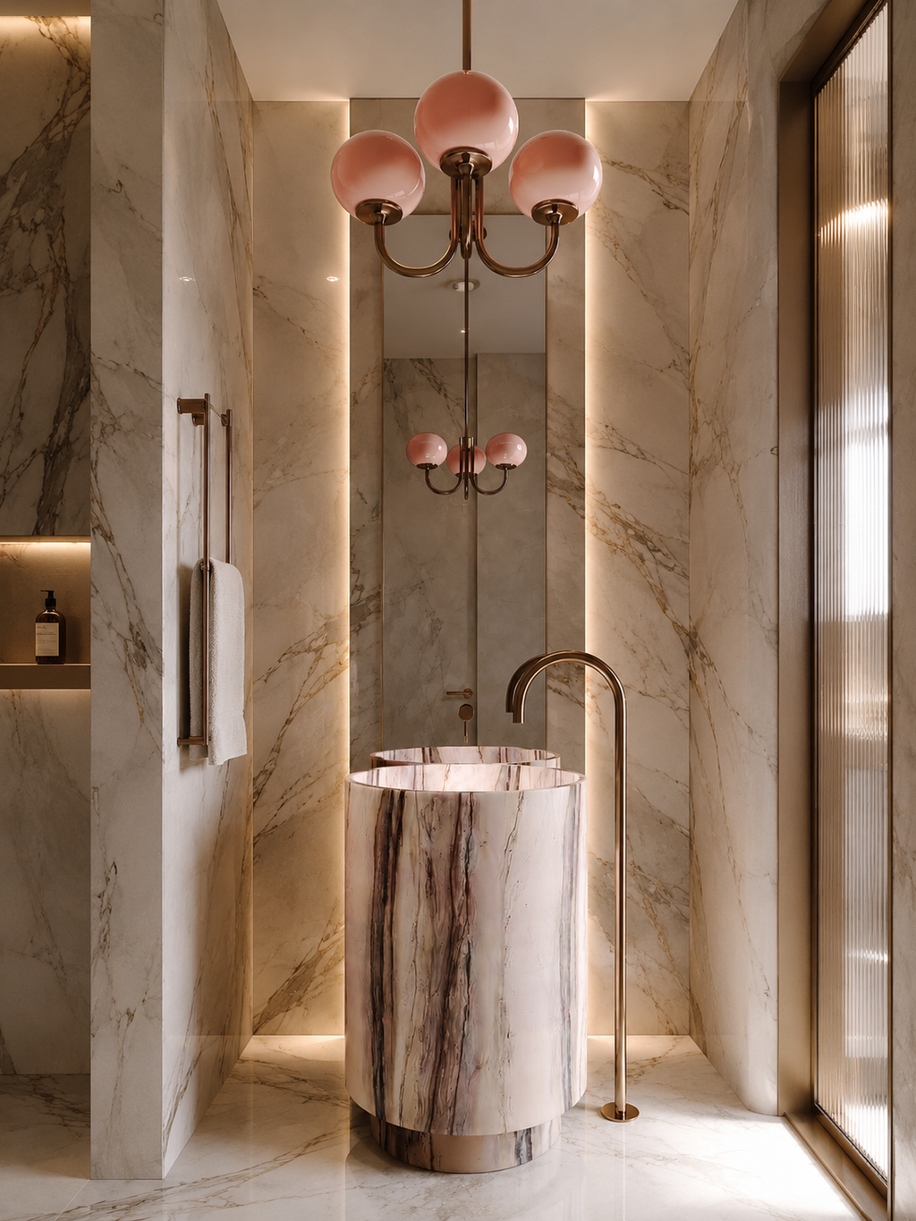 Le Lavabo Totem Cylindrique "Source" en Marbre Daino Reale