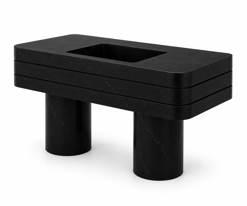 Le Meuble Vasque Monolithe "Strate Noire" en Marbre Noir Marquina
