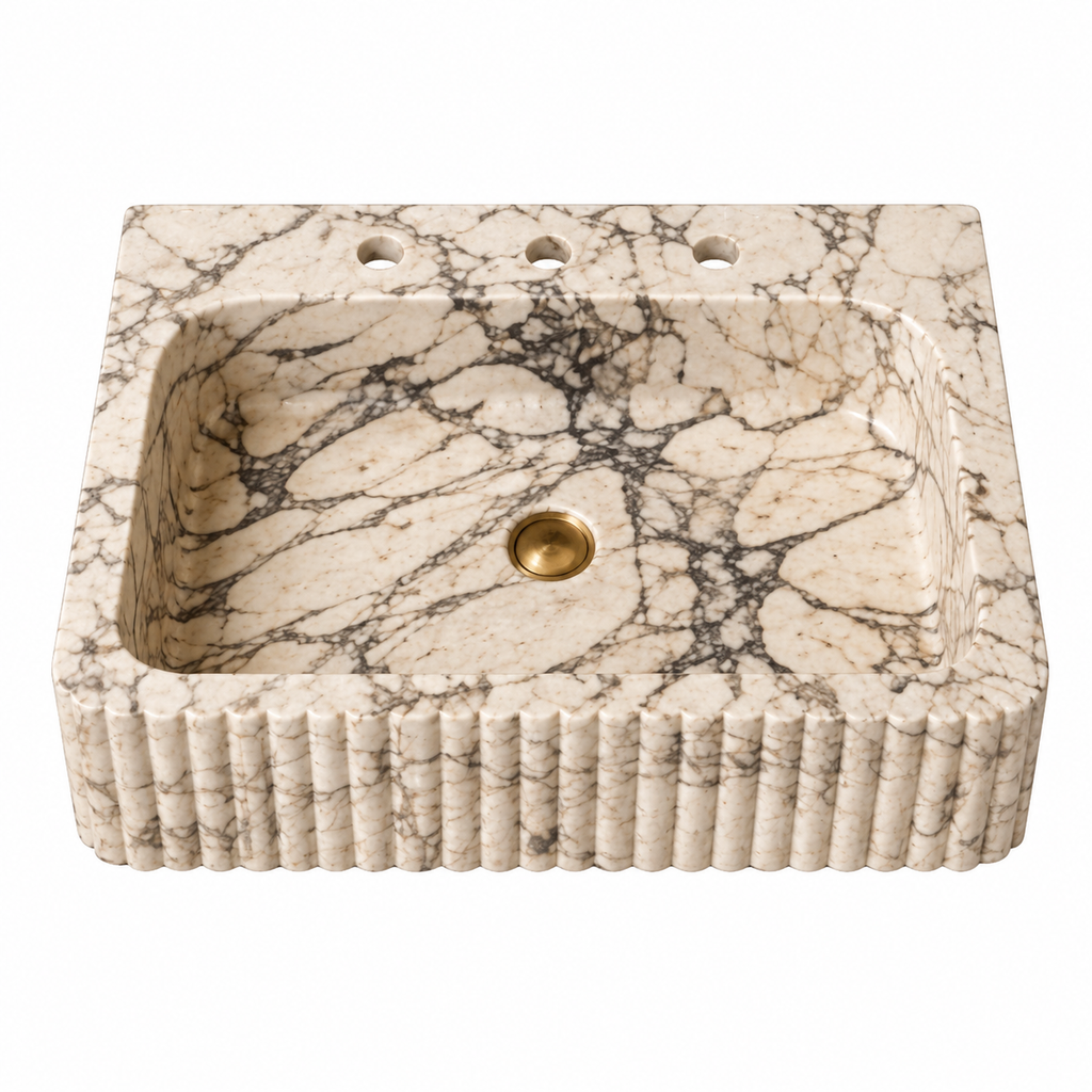 La Vasque à Poser Rectangulaire Cannelée "Flute" en Marbre Calacatta Oro
