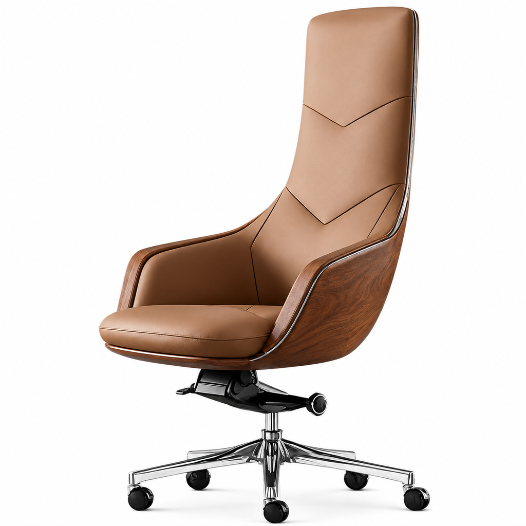 La chaise bureau Présidentiel "Consulat" en Cuir Havane et Noyer Galbé