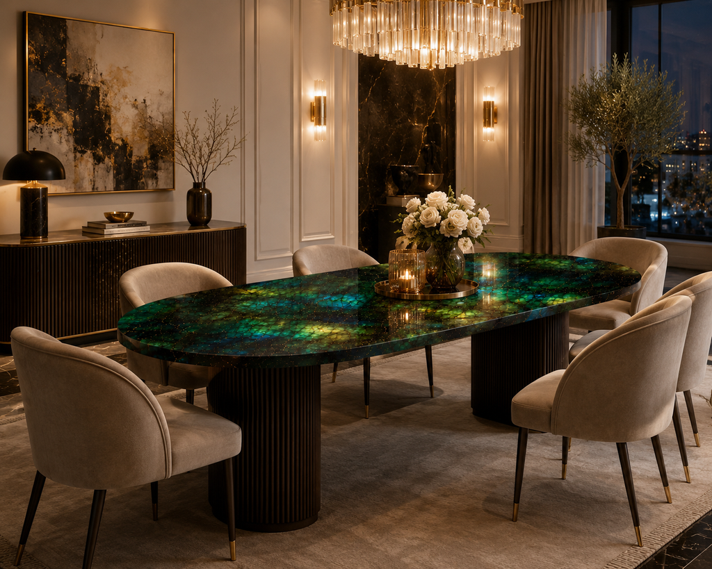 La Table de Repas Oblongue "Aurore" en Labradorite Lemurian