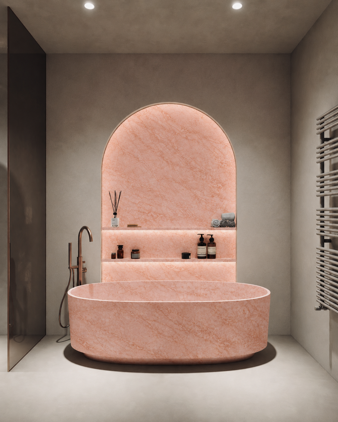 La Baignoire Îlot Monolithe Oblongue "Aura" en Marbre Rose de Portugal