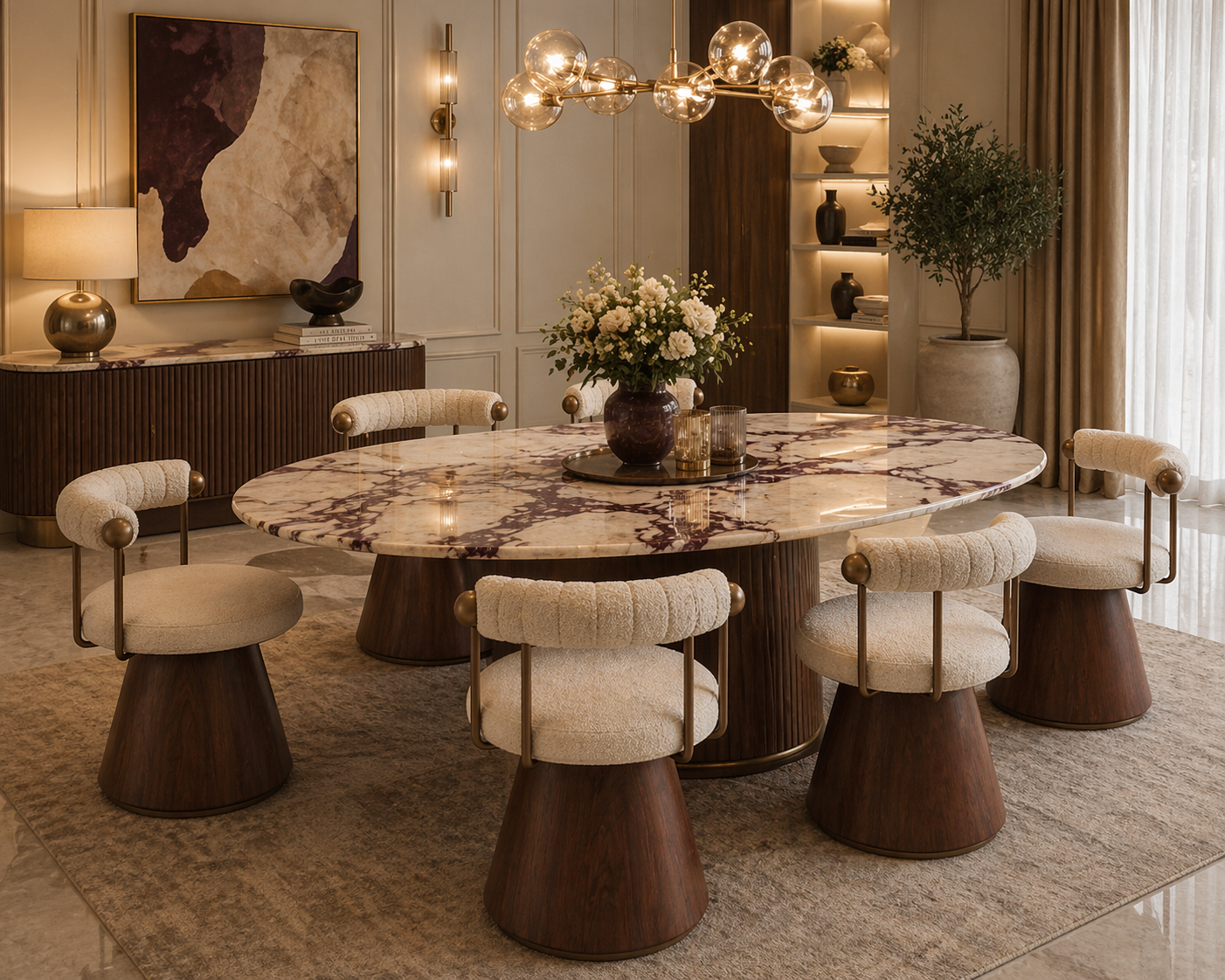 La Chaise de Repas Pivotante "Cône" en Laine Bouclée et Noyer