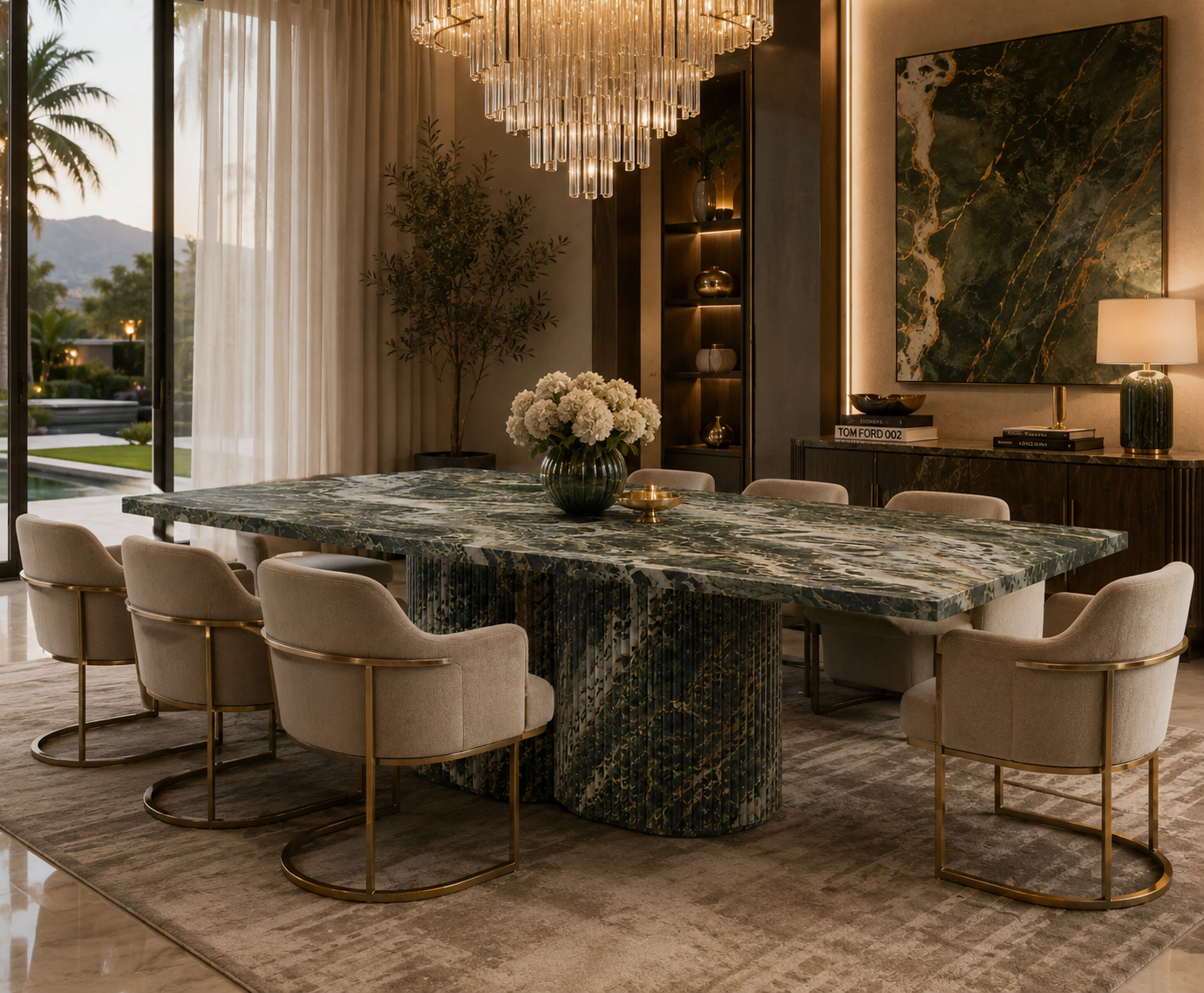 La Table de Repas Rectangulaire Cannelée "Olympe" en Marbre Verde Borgogna