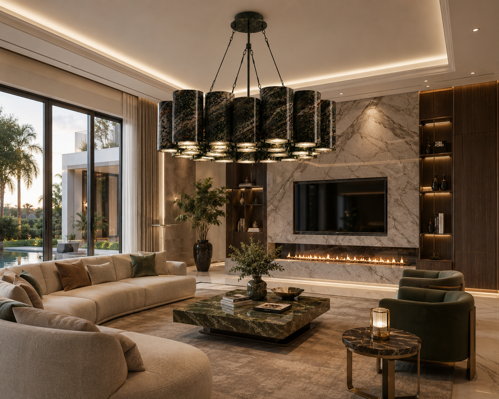 Le Lustre Monumental Couronne "Colonnade" en Marbre Vert Alpine