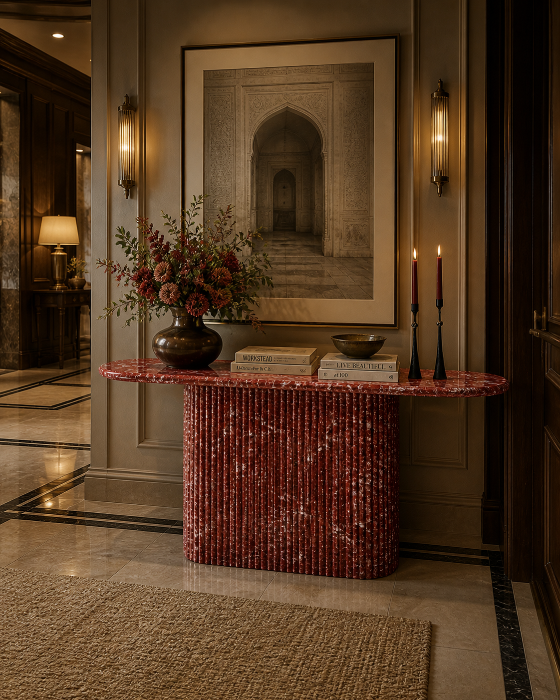 La Console d'Entrée Oblongue Cannelée "Palazzo" en Marbre Rouge Levanto