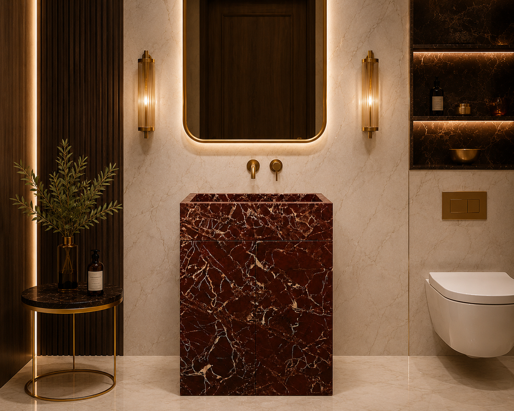 Le Meuble Vasque Monolithe Totem "Palazzo" en Marbre Rouge Levanto