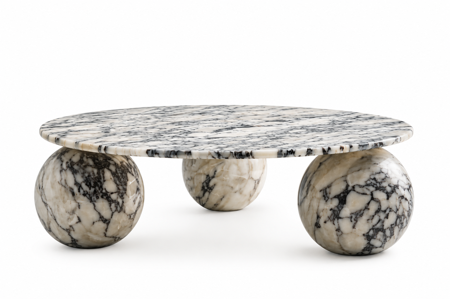 La Table Basse Circulaire Tri-Sphère "Sphère" en Marbre Arabescato