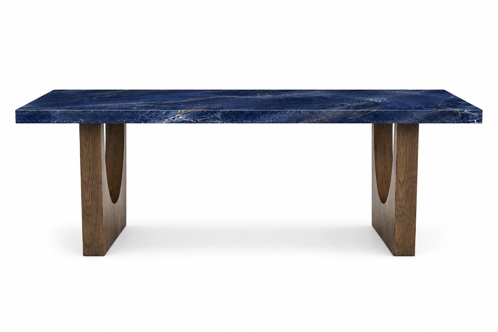 La Table de Repas Rectangulaire "Odyssée" en Lythos bleue et Noyer