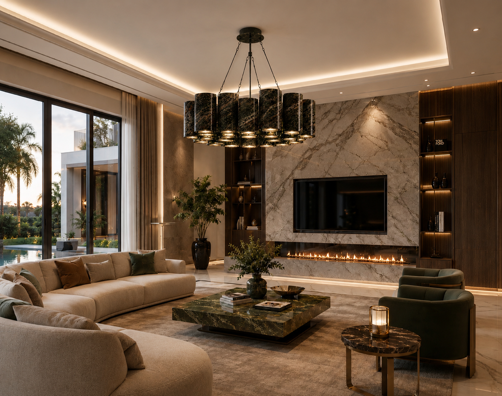 The "Colonnade" Crown Monumental Chandelier in Alpine Green Marble